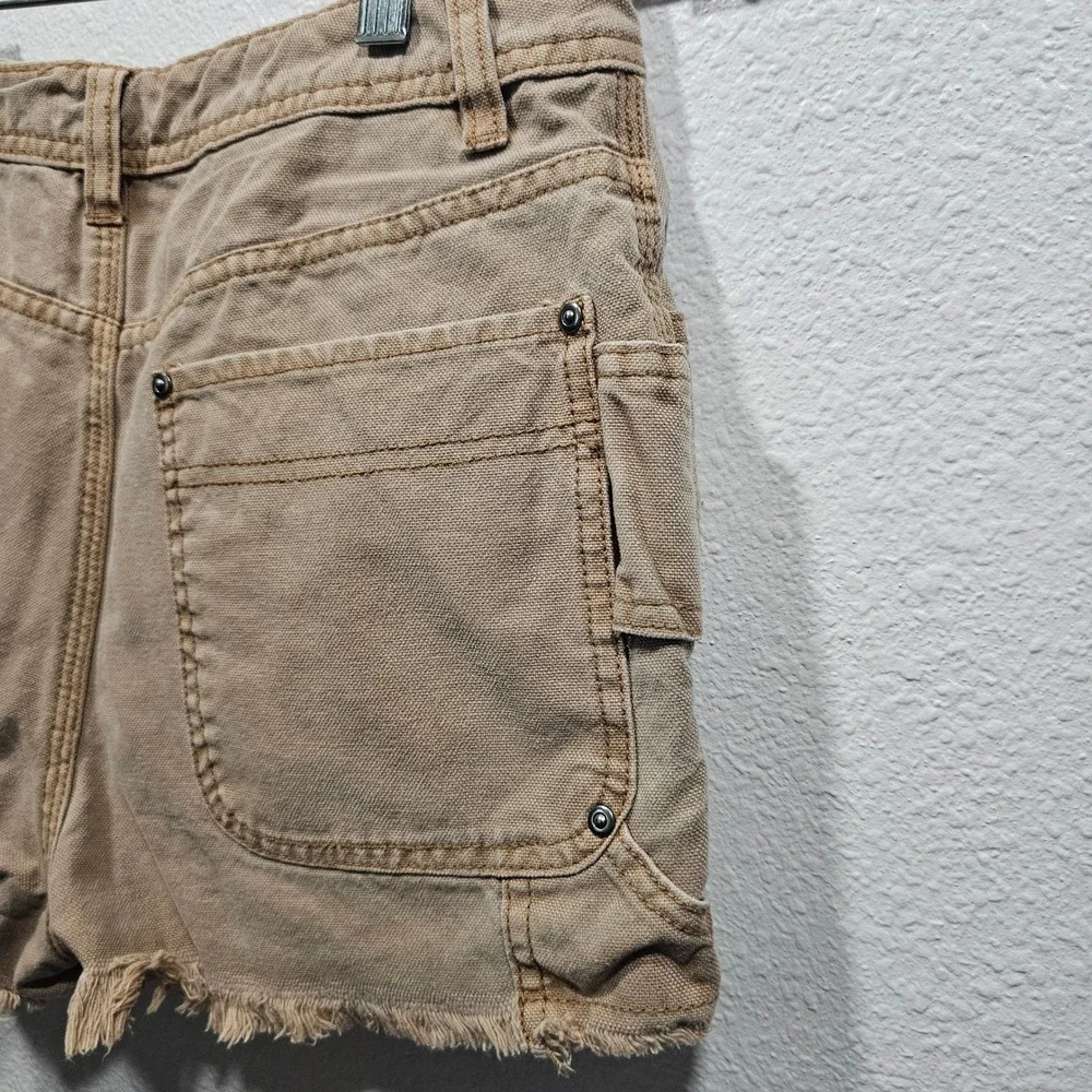 Free‎ People Tan Canvas Carpenter Utility Shorts Frayed Hem Khaki Womens 6